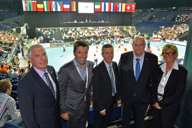 (from left to right): ERC President Jan Rek, VONOC Executive Vice President Stav Jacobi, Infront President and CEO Philippe Blatter, CEV Vice President and Jury President Jan Hronek, Jury Member and TV coordinator Silvia Sordelli