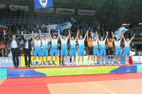 The players of Dinamo MOSCOW celebrate on the podium after seizing the 2012 CEV Volleyball Cup this past Sunday in Russia's capital city