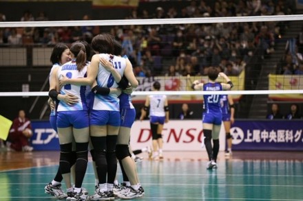 Okayama players celebrate 1st win