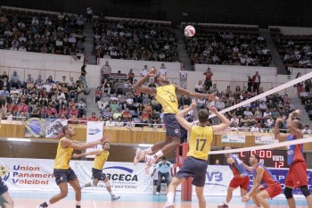 Brazil's Isac Viana Santos spikes against Puerto Rico in their semifinal match