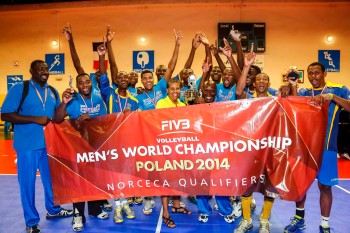 Players of Barbados celebrate after earning a ticket to NORCECA Third Round of Qualifiers